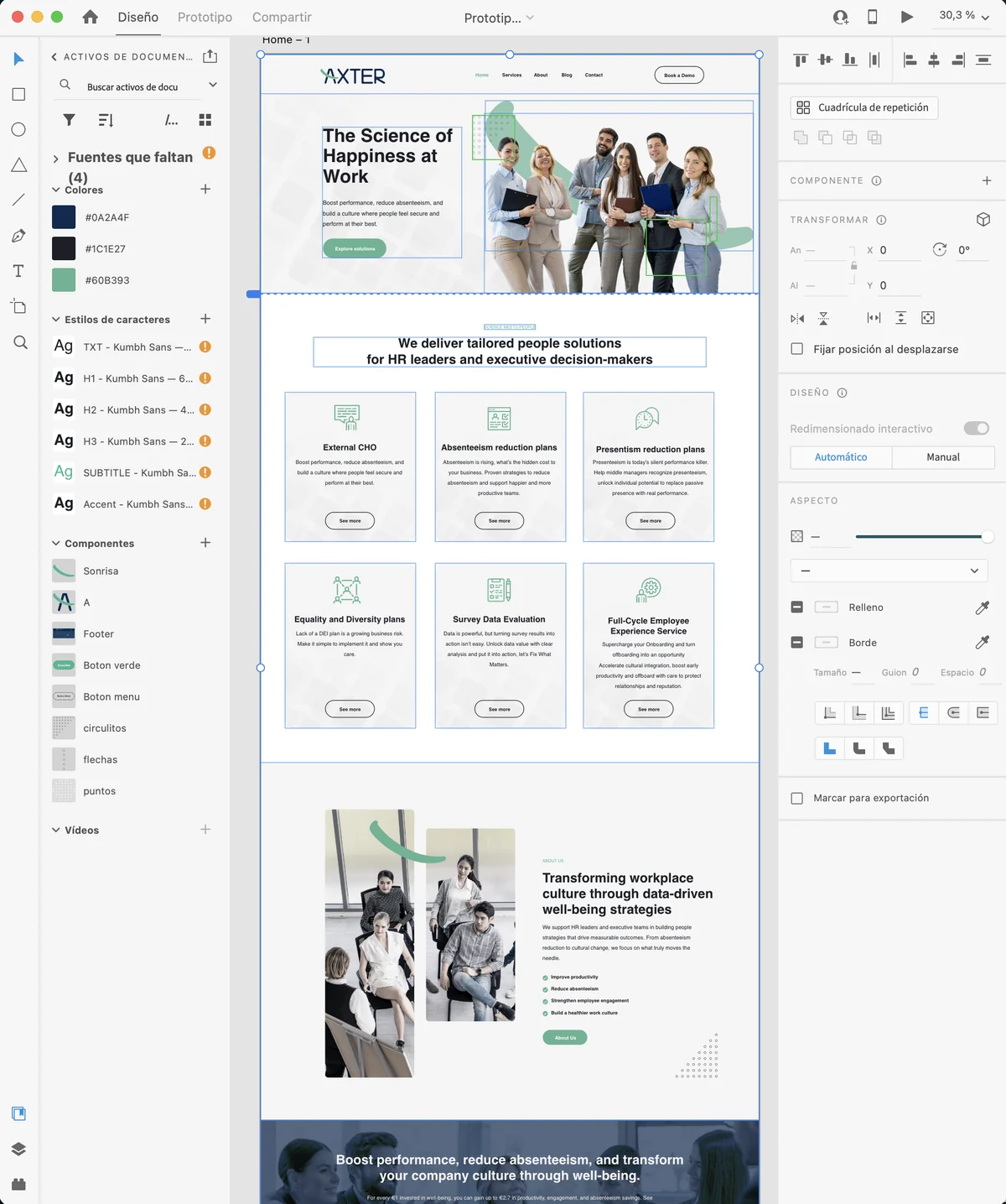 Prototipo de Axter en Adobe XD con el logotipo, la paleta de colores y los estilos tipográficos.
